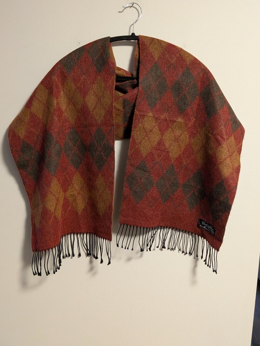 Cash-Allure. Classic Argyle Scarf- Rust Multi Coloured. Fringed . Acrylic. Soft